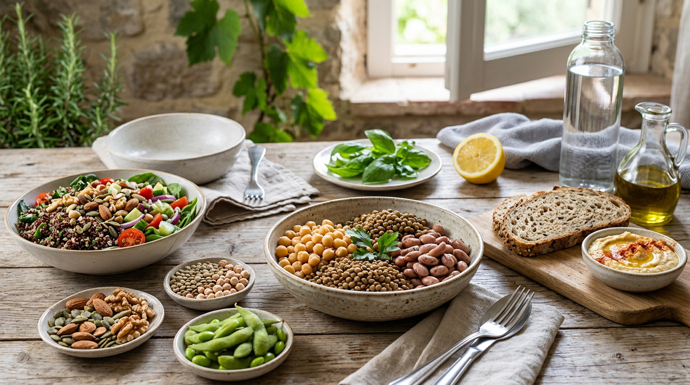 Ciotola colorata di legumi misti e cereali, come lenticchie, ceci e quinoa, con verdure fresche a foglia verde, che riposa su un tavolo di legno chiaro.