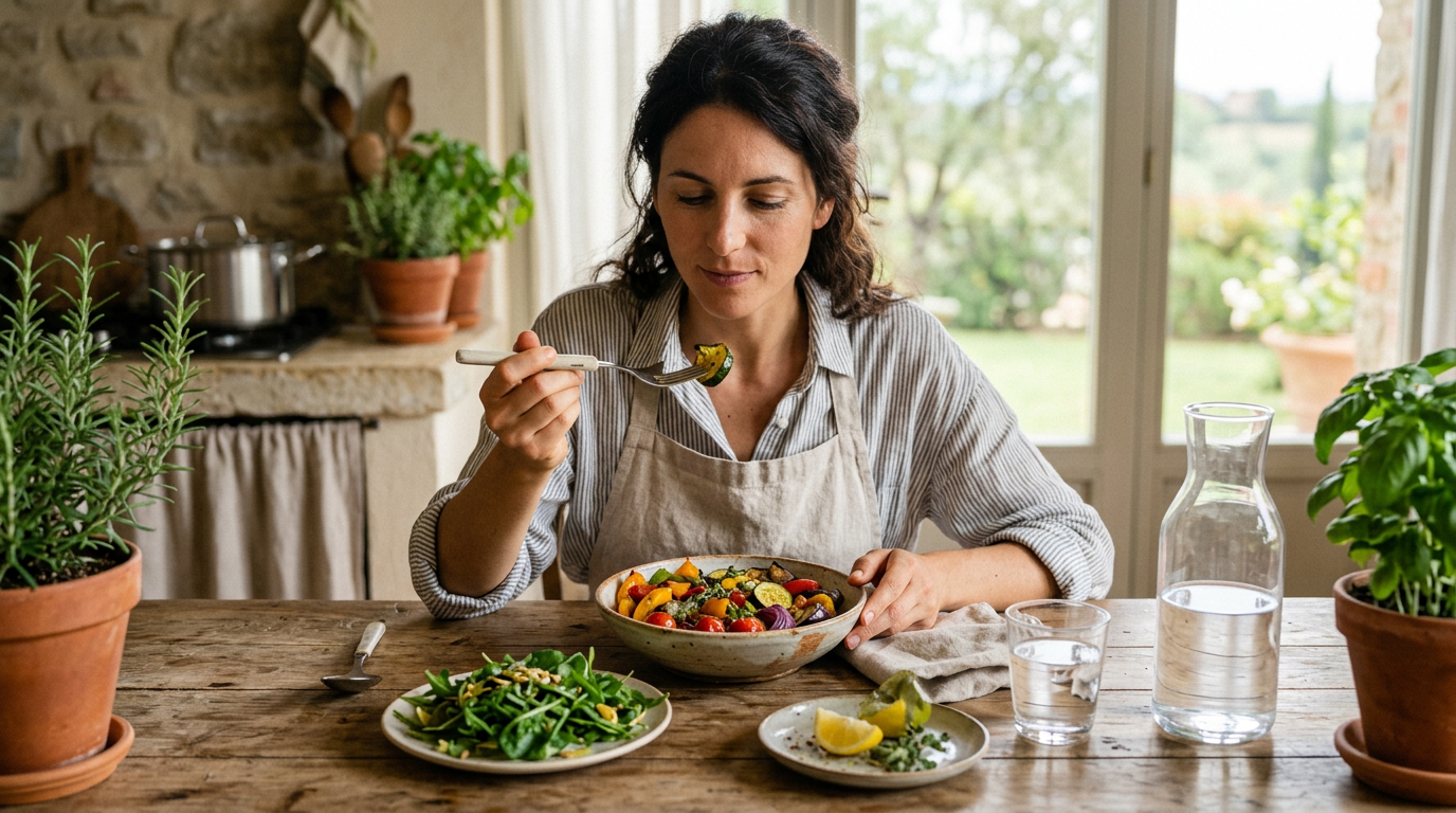 Donna che medita con una ciotola di frutta e verdura fresca accanto a lei, simbolo di alimentazione consapevole.
