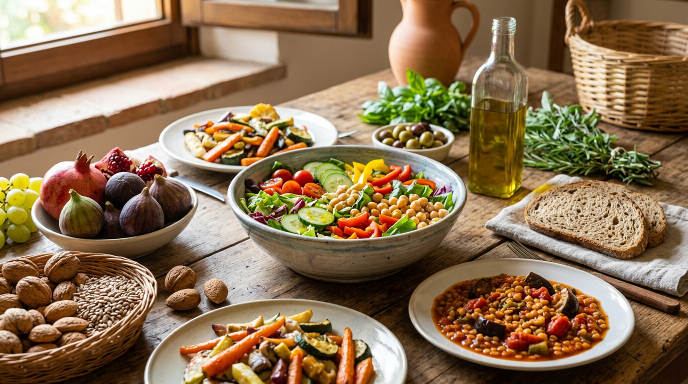 Ciotole colorate con vari superfood come mirtilli, noci, semi di chia, spinaci e salmone