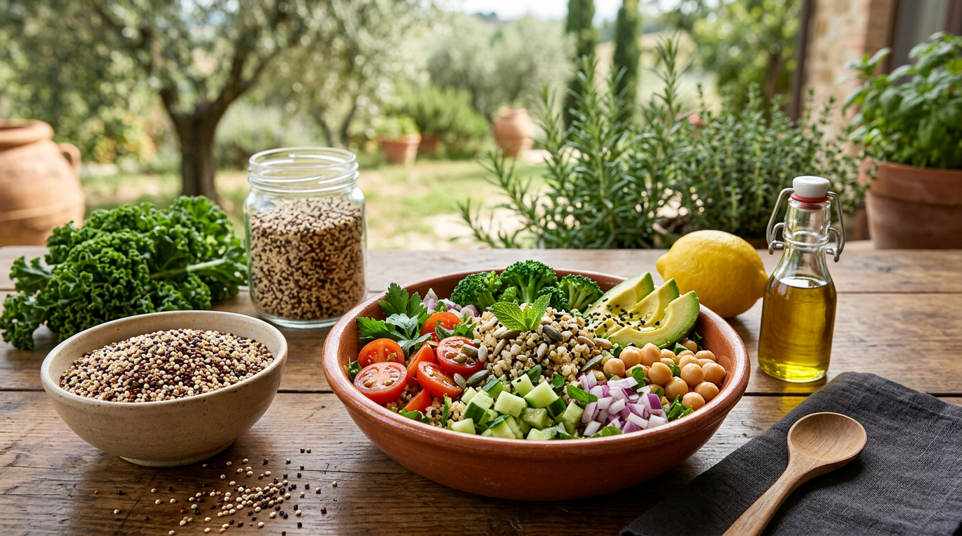 Ciotola di quinoa cotta con verdure fresche colorate e un filo d'olio d'oliva.