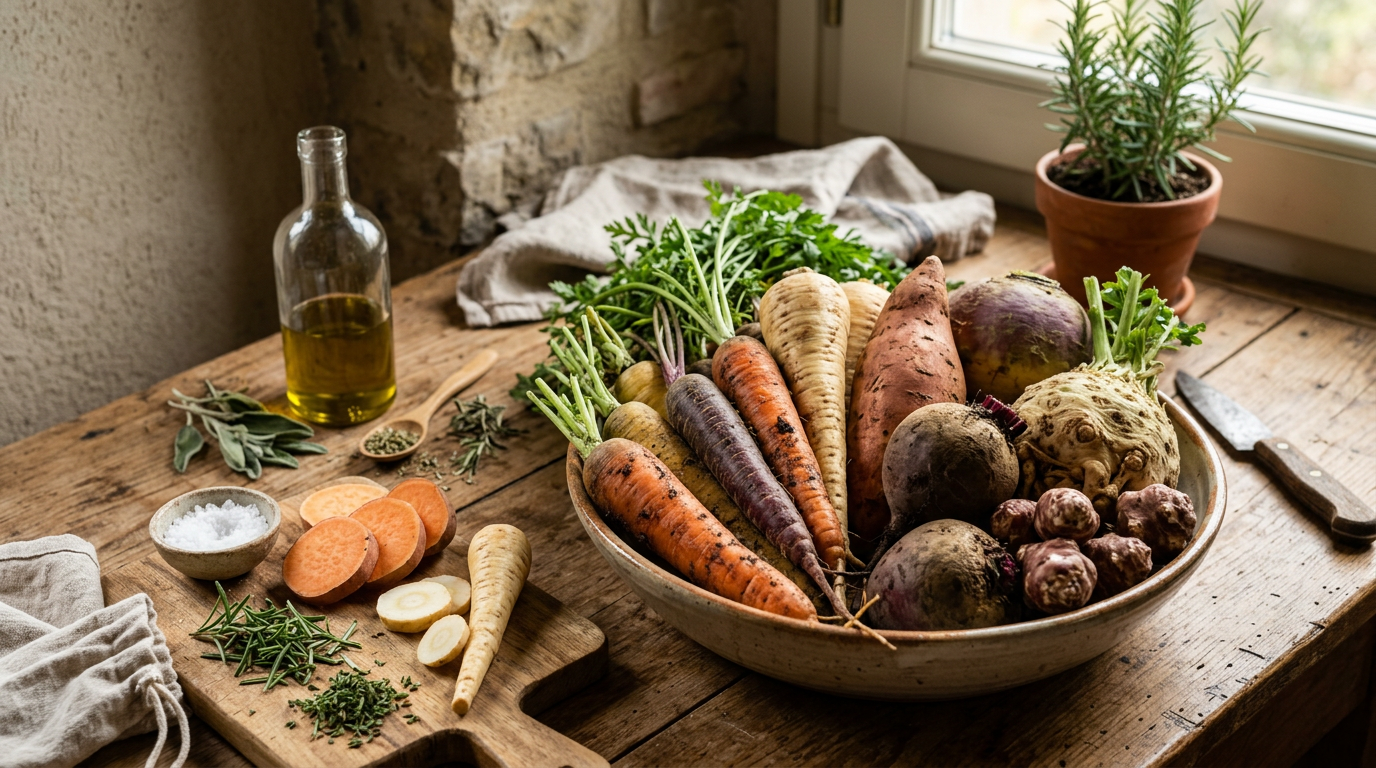 Cesto di vimini con diverse radici tuberose di stagione come carote, barbabietole e patate dolci