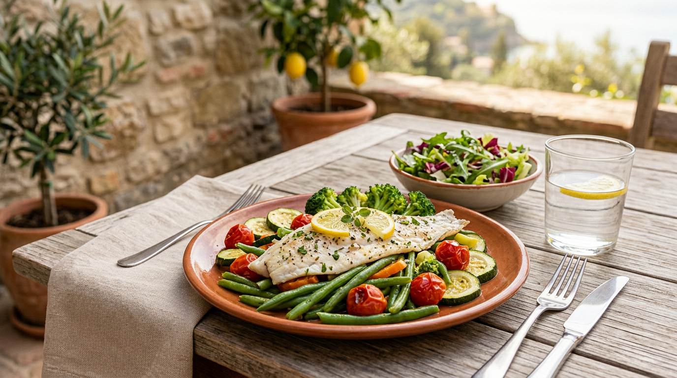 Ciotola di vetro con verdure fresche come finocchi, carote e sedano su un tavolo di legno.