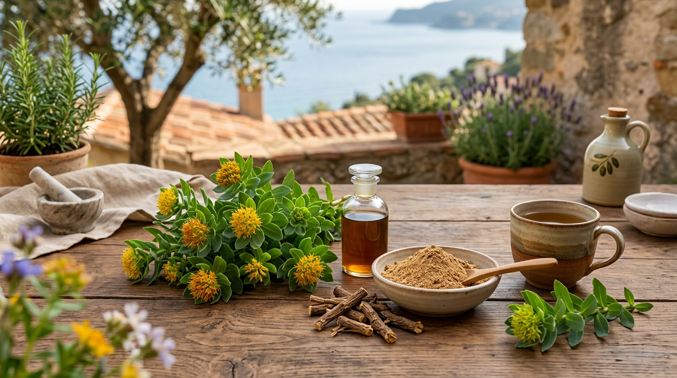Mano che tiene una capsula di un integratore di Rhodiola Rosea su uno sfondo sfocato di erbe essiccate e rocce, evocando un'atmosfera naturale e medicinale.