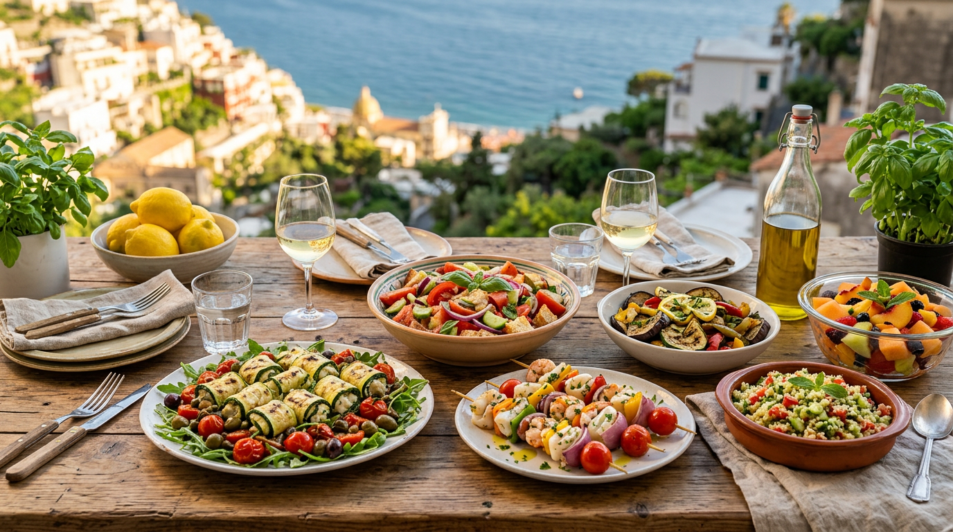 Insalata estiva colorata in una ciotola bianca, con gamberi grigliati, pomodorini, mais e olive