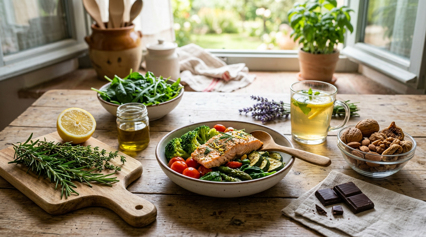 Ciotola con verdure a foglia verde, salmone, uova e noci, simboli di un'alimentazione antistress.