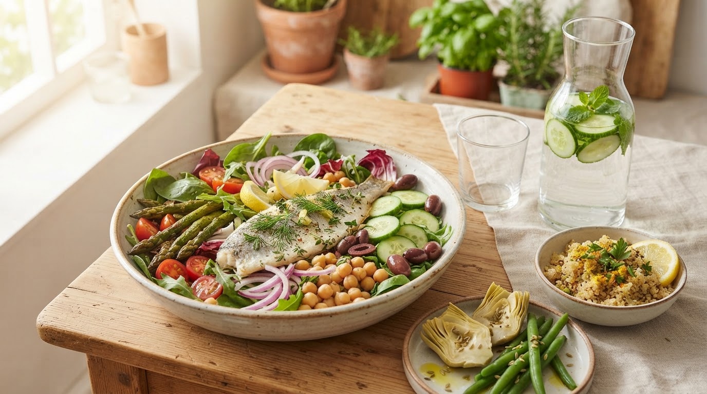 Donna matura sorridente che versa acqua in un bicchiere di vetro con verdure fresche e ortaggi colorati sul tavolo della cucina