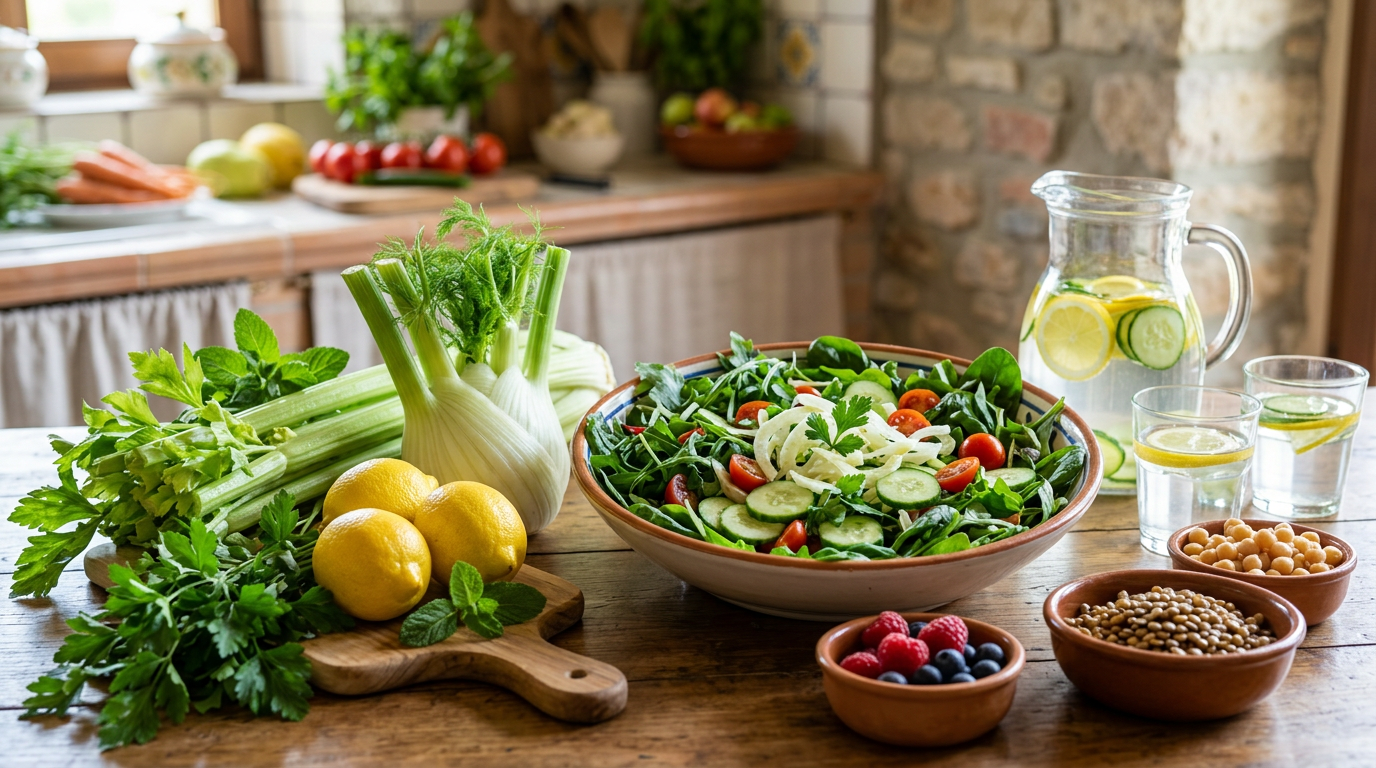 Verdure fresche drenanti come cetrioli, finocchi e sedano su un tavolo di legno chiaro.