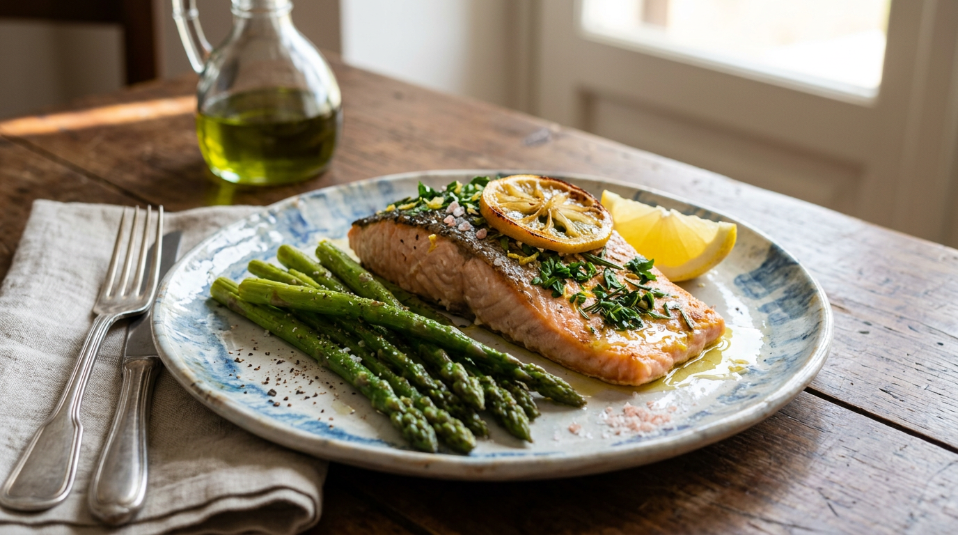 Tranci di salmone al forno su un letto di asparagi verdi, guarniti con fette di limone
