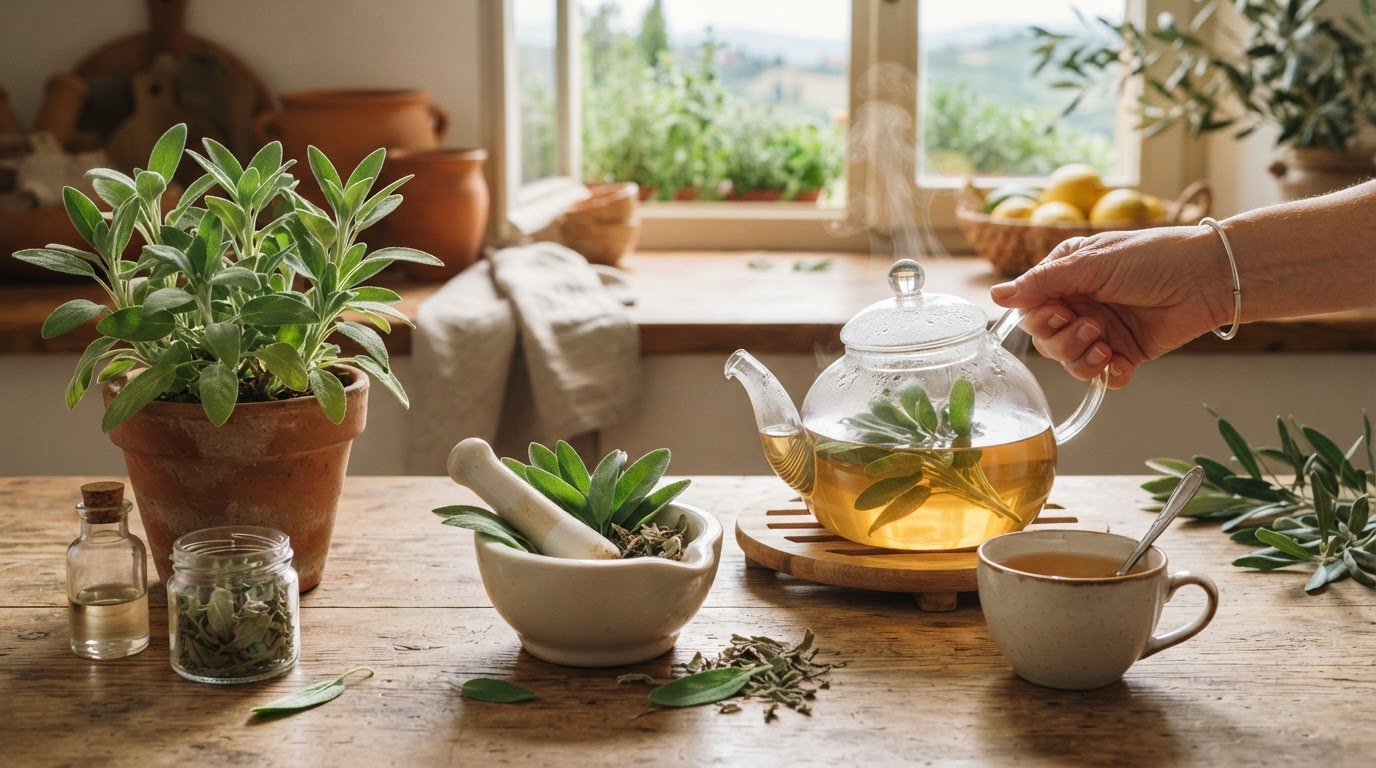 Mazzetto di salvia fresca biologica su un tagliere di legno