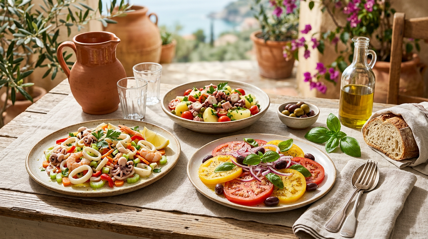 Insalata estiva colorata in una ciotola bianca con uova sode, pomodorini, olive e verdure fresche.