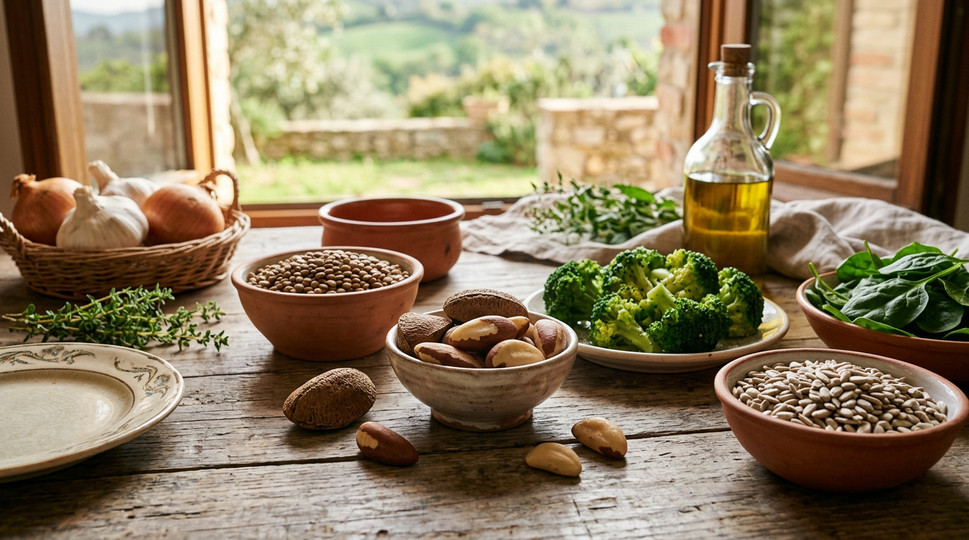 Ciotola di noci del Brasile e funghi freschi su un tavolo di legno, ingredienti ricchi di selenio.