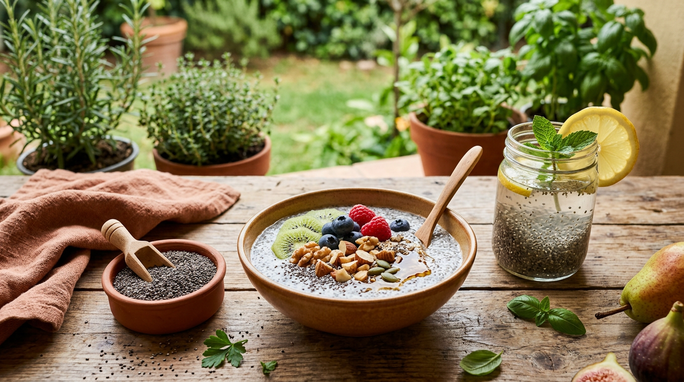 Ciotola di vetro con pudding di semi di chia guarnito con lamponi freschi, mirtilli e foglie di menta.