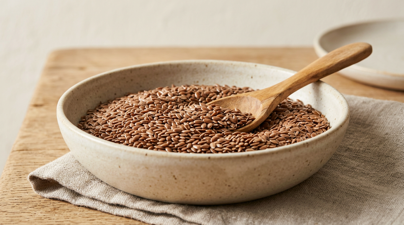 Ciotola di semi di lino dorati e marroni con un cucchiaio di legno su un tavolo rustico. Accanto, un bicchiere di latte vegetale e frutta fresca.