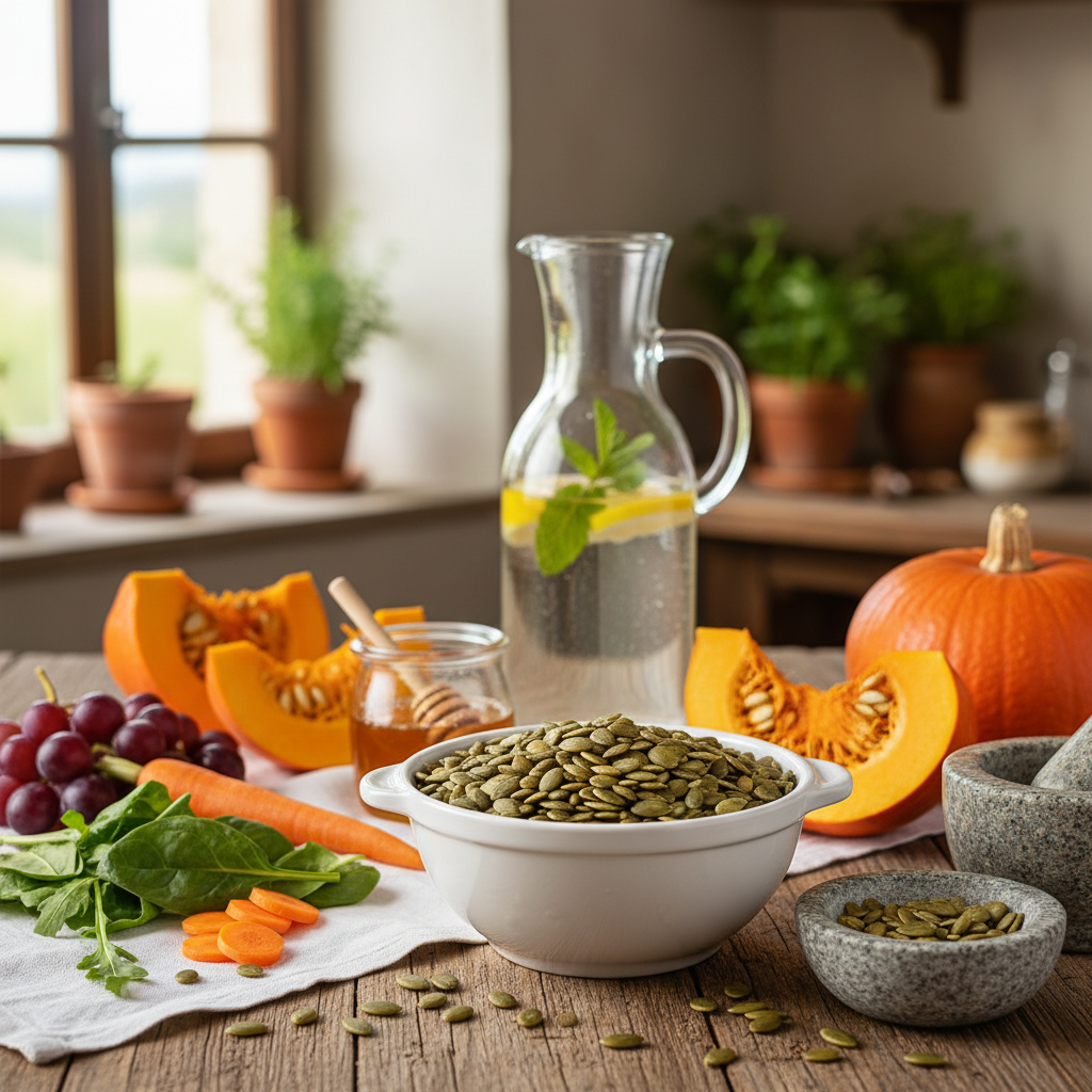 Semi di zucca in una piccola ciotola di legno con una zucca intera sullo sfondo.