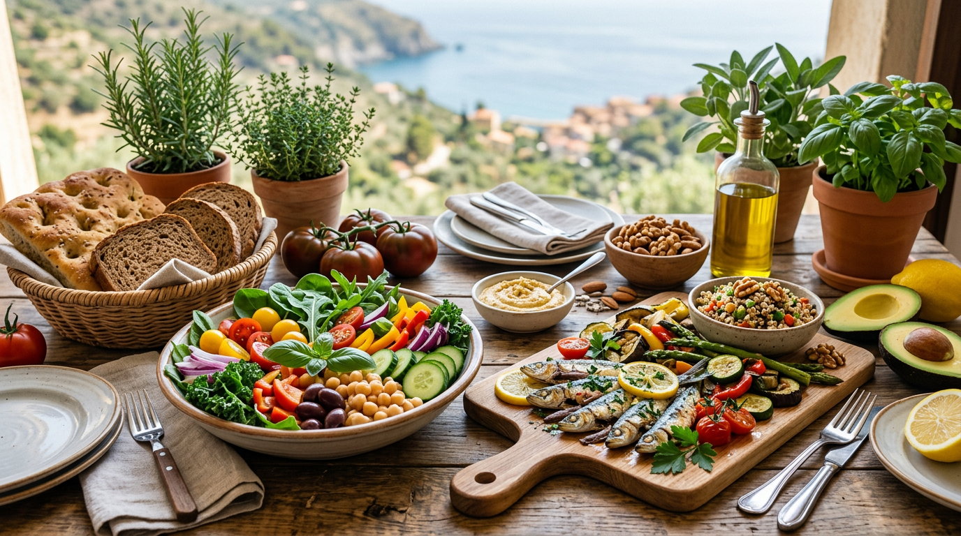 Verdure fresche colorate, pesce e semi su un tavolo di legno scuro