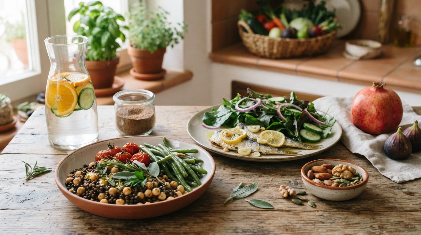Ciotola di insalata mista con verdure fresche e semi oleosi su tavolo di legno