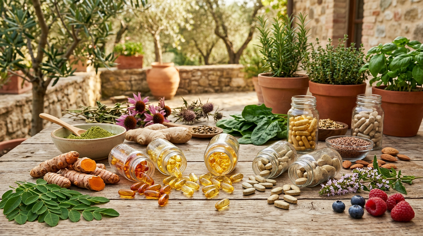 Selezione di flaconi di integratori Solgar in vetro ambrato su uno sfondo pulito.