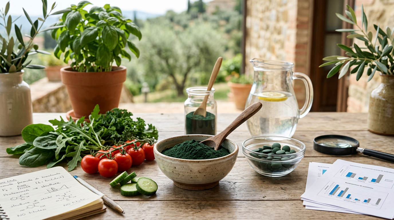 Ciotola di spirulina in polvere con cucchiaio di legno, accanto a compresse di spirulina e una foglia verde.