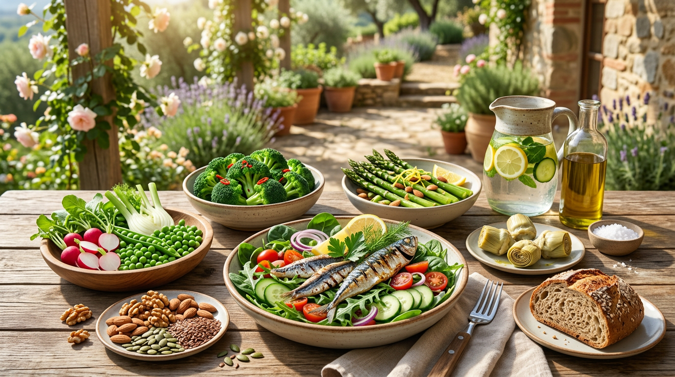 Ciotola di frutta e verdura fresca di primavera come fragole, spinaci e asparagi, su un tavolo di legno chiaro.