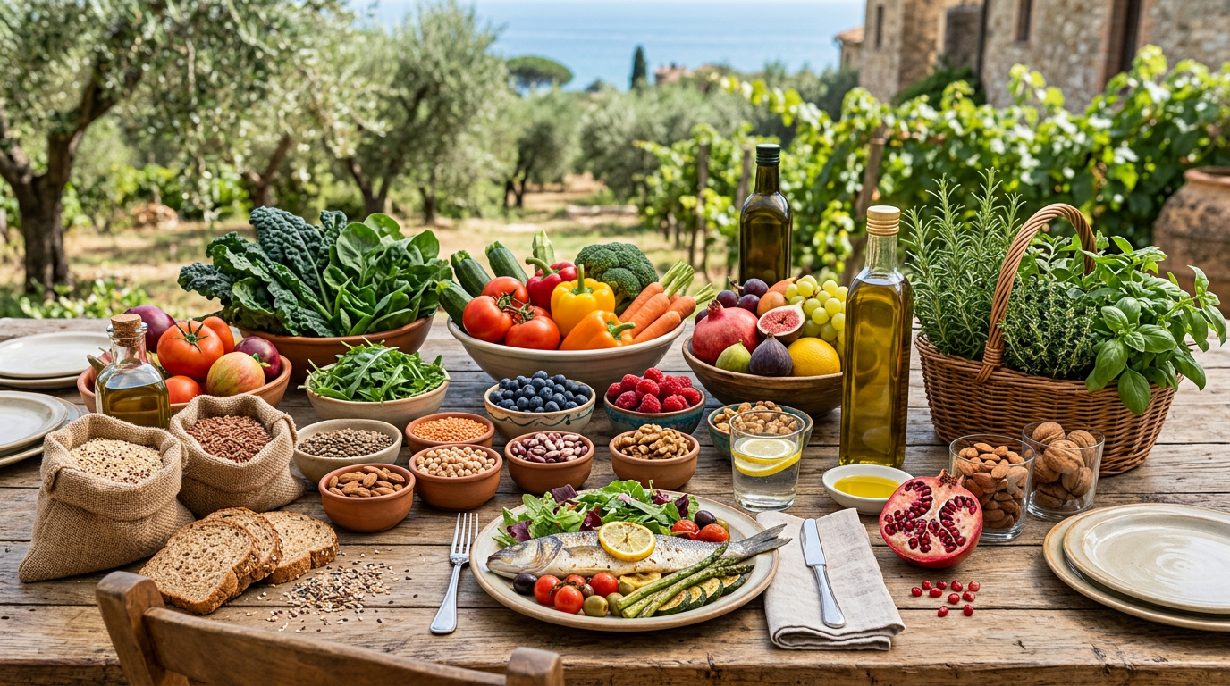 Composizione colorata di alimenti sani per la longevità come verdure fresche, legumi, pesce e olio d'oliva.