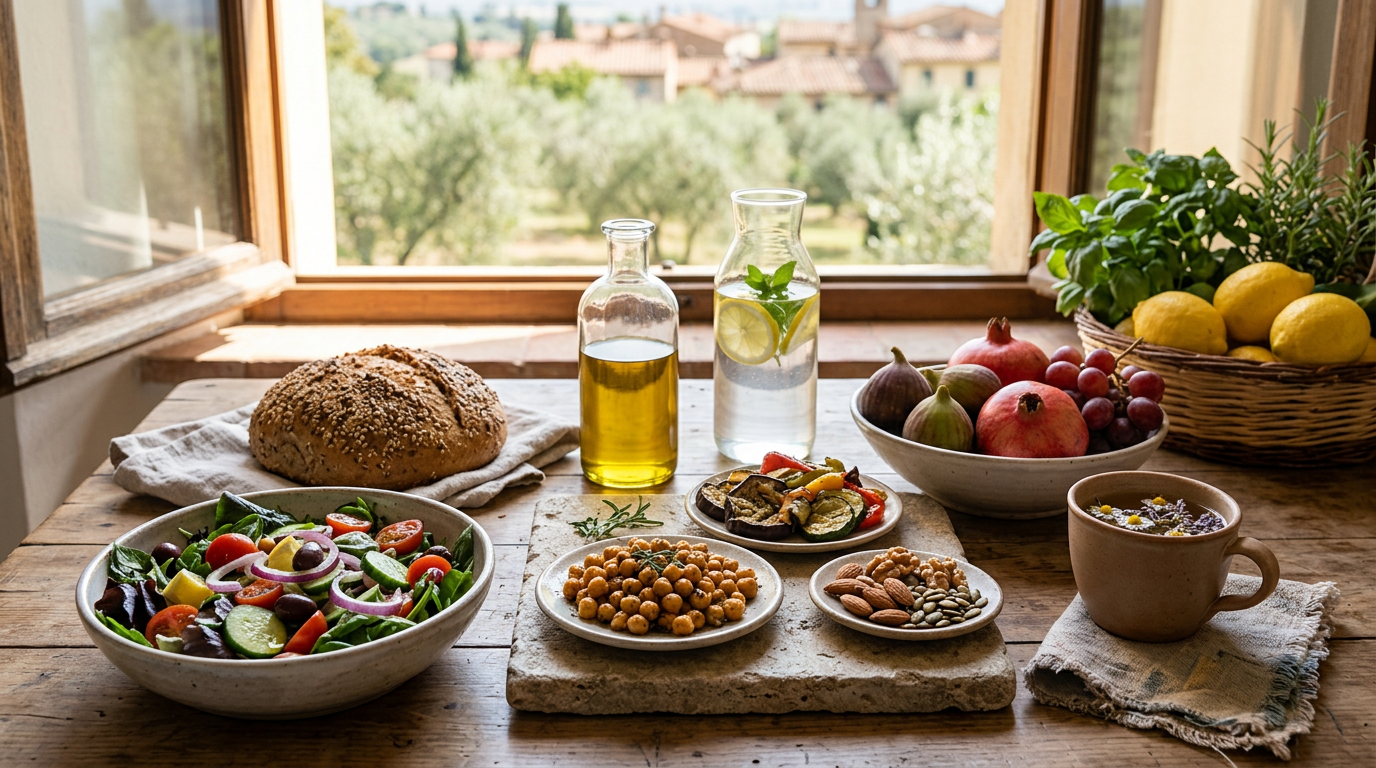 Donna seduta in posizione meditativa con le mani congiunte e il cibo davanti a lei, simbolo di consapevolezza alimentare