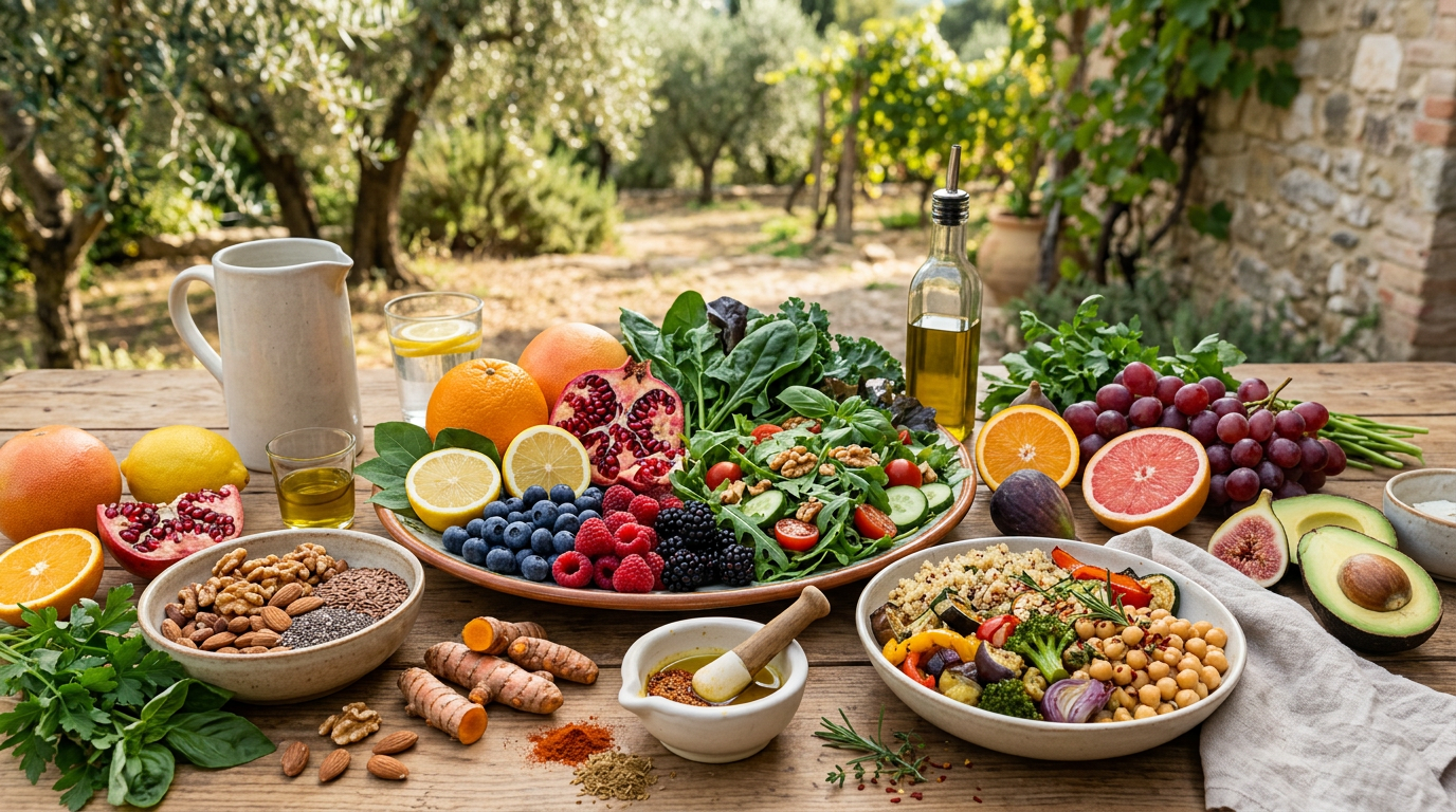 Cesto in vimini colmo di frutta e verdura freschissima e colorata, simbolo di antiossidanti