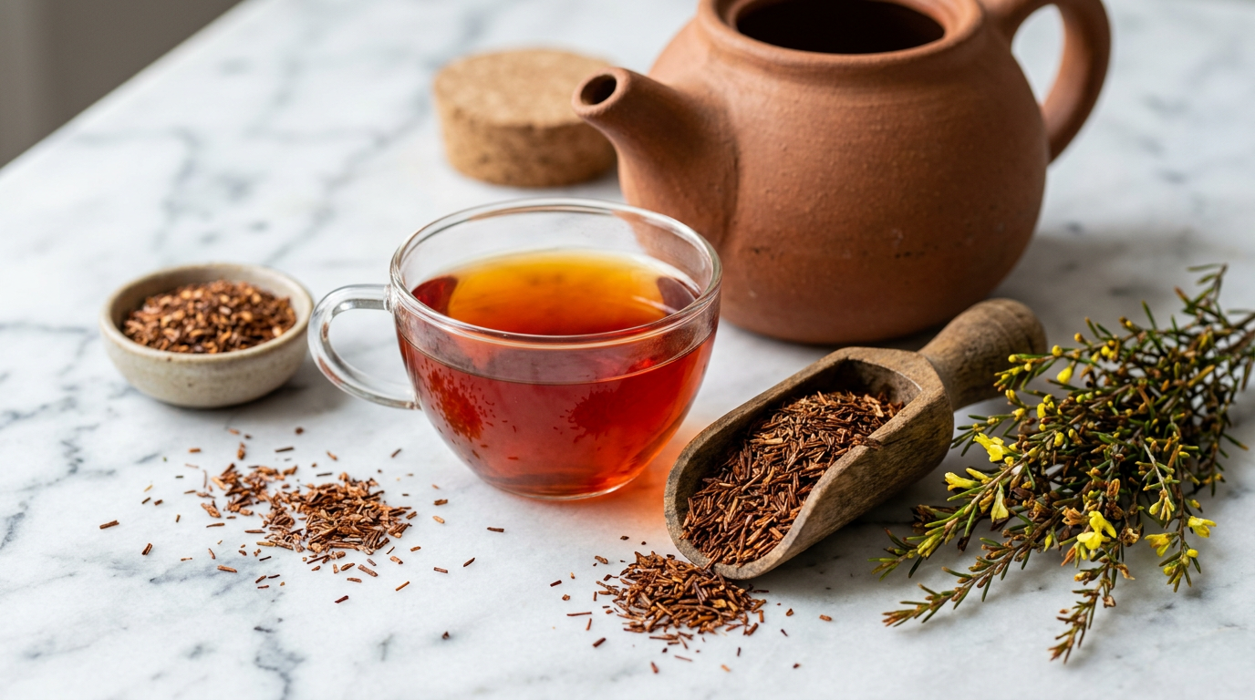 Tazza di tè Rooibos fumante con foglie secche di Rooibos sparse su un tavolo di legno.