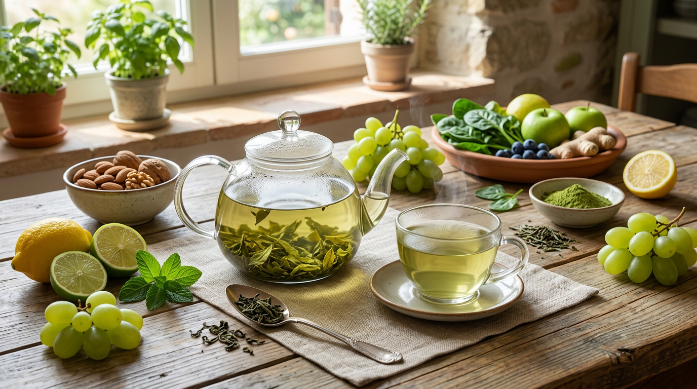 Foglie di tè verde fresco e una tazza di tè caldo fumante su un tavolo di legno.