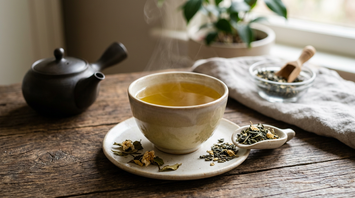 Tazza di tè verde fumante con foglie di tè fresche e limone su un vassoio di legno