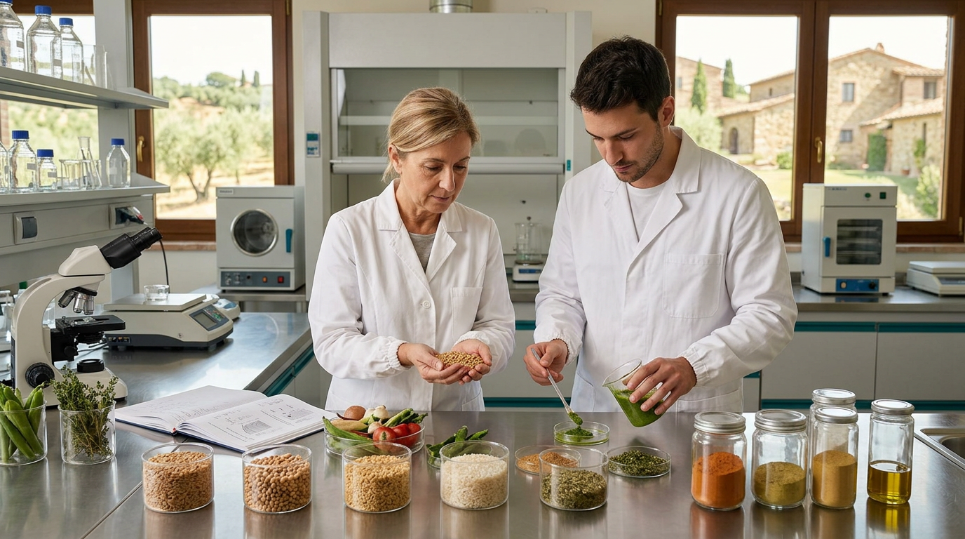 Tecnologo Alimentare in laboratorio con provette e strumenti di analisi