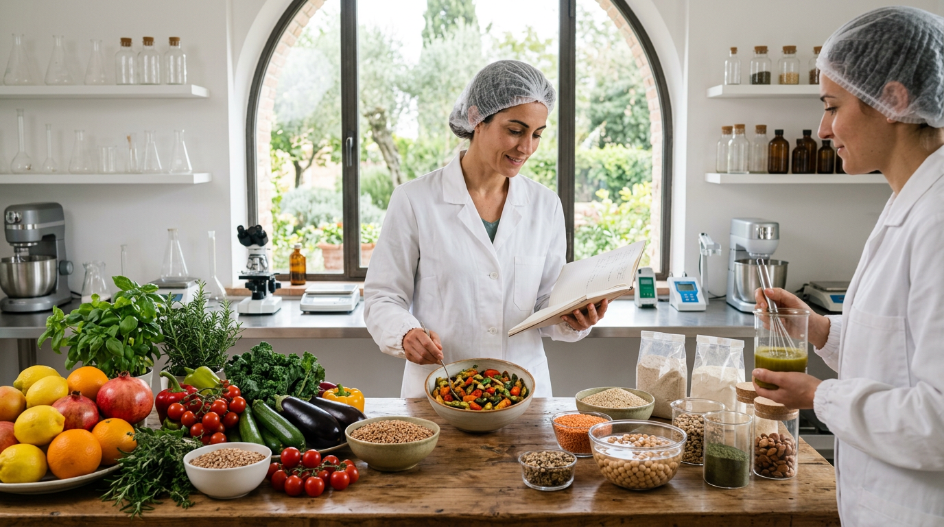 Donna in camice bianco con cuffietta, esamina un alimento in laboratorio con strumenti scientifici