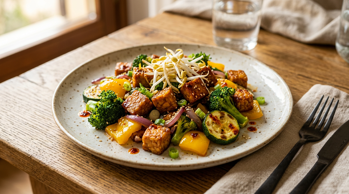 Piatto fondo bianco con tempeh saltato con broccoli, peperoni gialli e zucchine, guarnito con germogli di soia freschi.