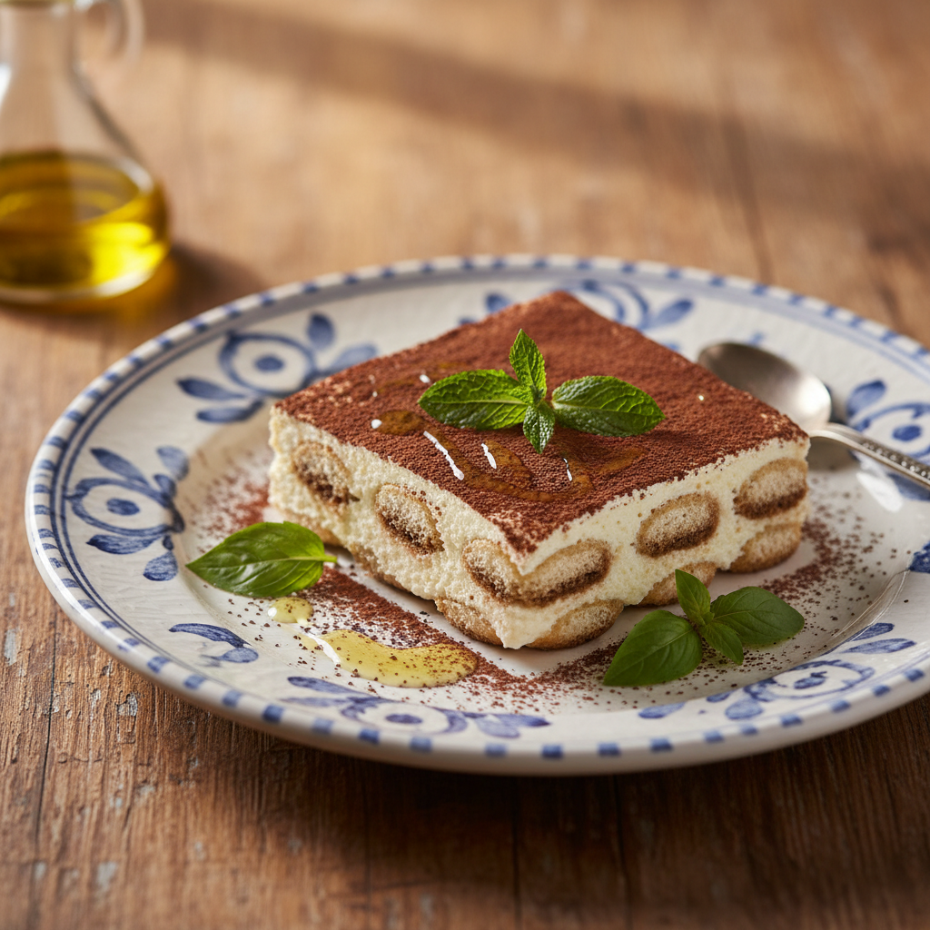 Fetta di tiramisù leggero con yogurt greco decorata con cacao amaro in polvere e scorza di limone.