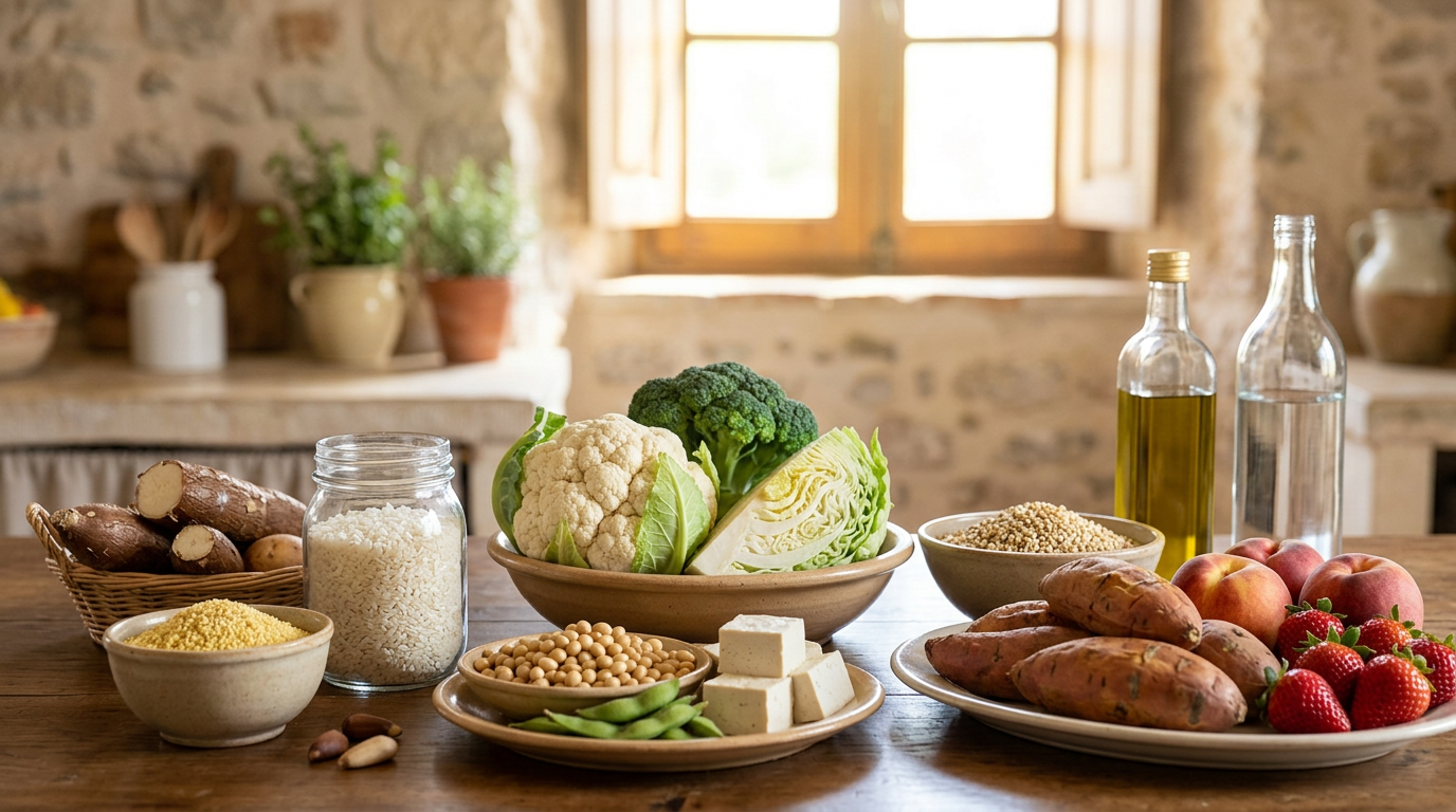 Verdure crucifere come broccoli e cavolfiori disposte su un tavolo di legno scuro, simbolo degli alimenti goitrogeni.