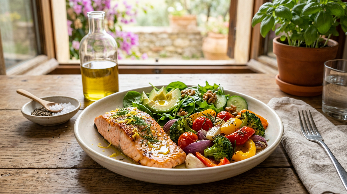 Piatto sano con salmone grigliato, quinoa e abbondanti verdure fresche colorate come broccoli e pomodorini.