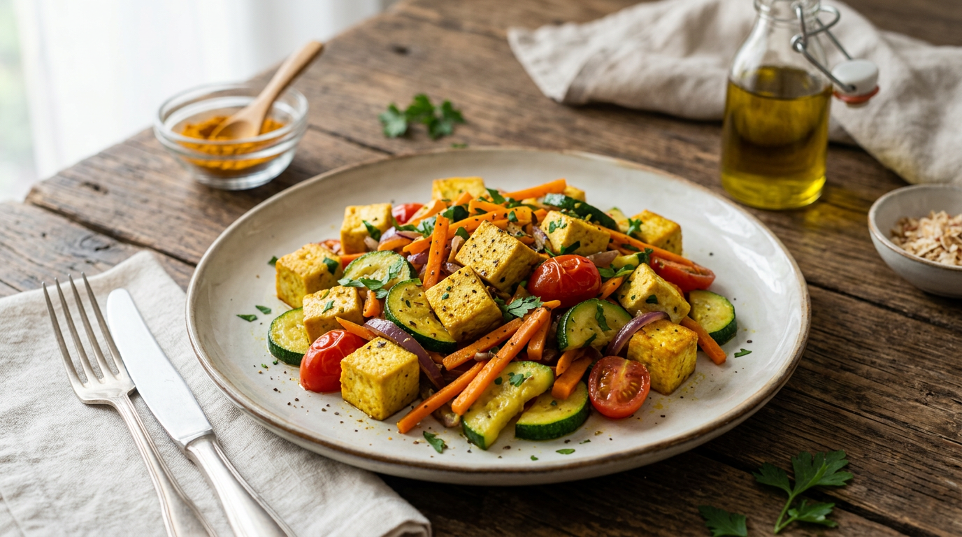 Piatto di tofu strapazzato giallo con pezzetti di zucchine, carote e pomodorini freschi, guarnito con prezzemolo