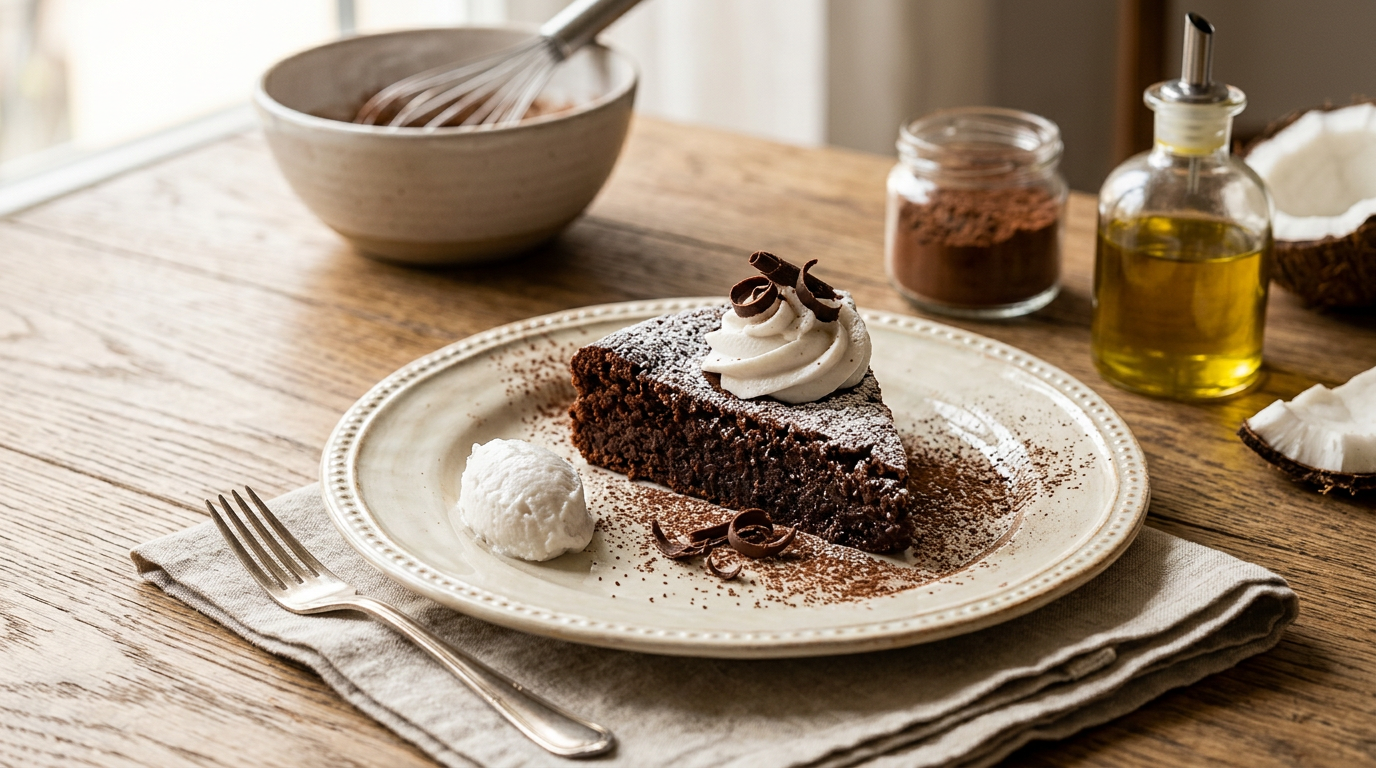Fetta di torta al cacao e noci su un piatto da dessert, con alcune noci intere sparse intorno e una spolverata di cacao.