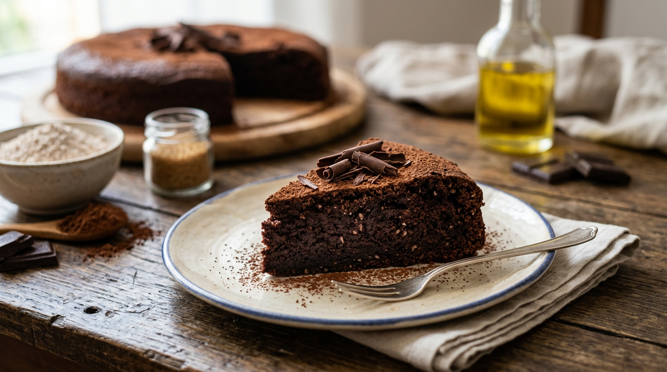 Fetta di torta al cioccolato fondente con farina di farro su un piatto bianco, cosparsa di cacao amaro.