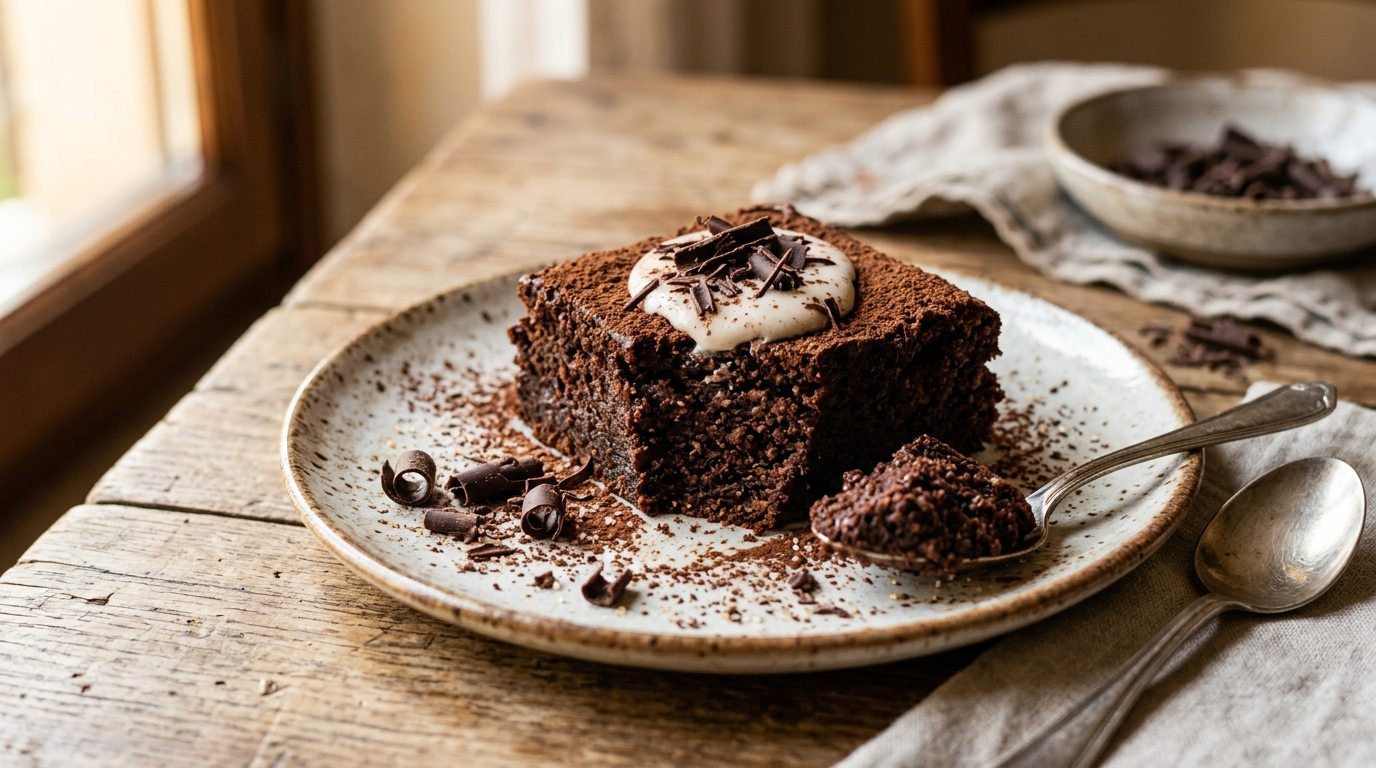 Fetta di torta al cioccolato e cocco su un piattino, con scaglie di cocco e cioccolato fondente come decorazione.