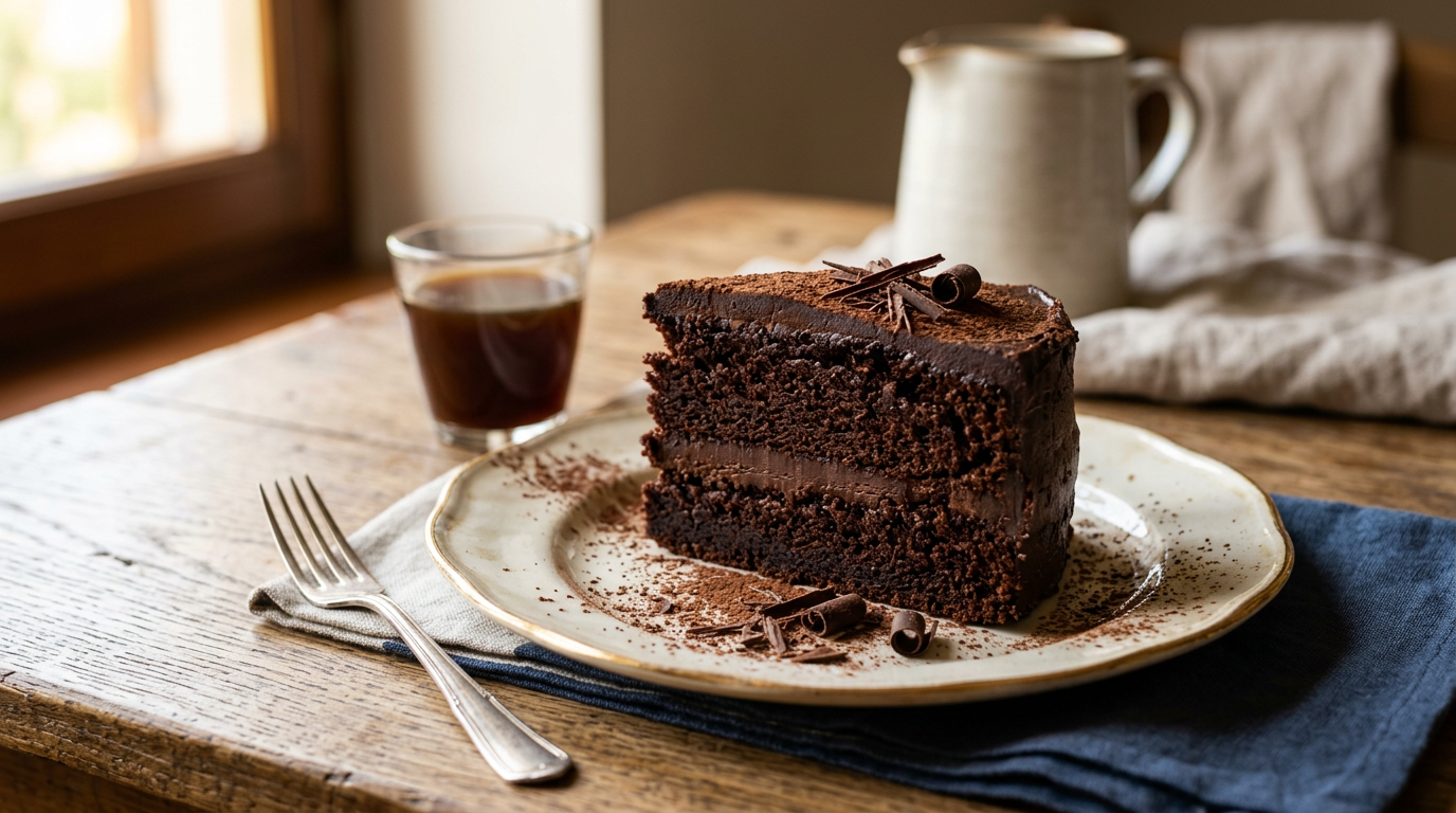 Fetta di torta di compleanno al cioccolato e cocco su un piatto, con una forchetta accanto e decorata con scaglie di cocco.