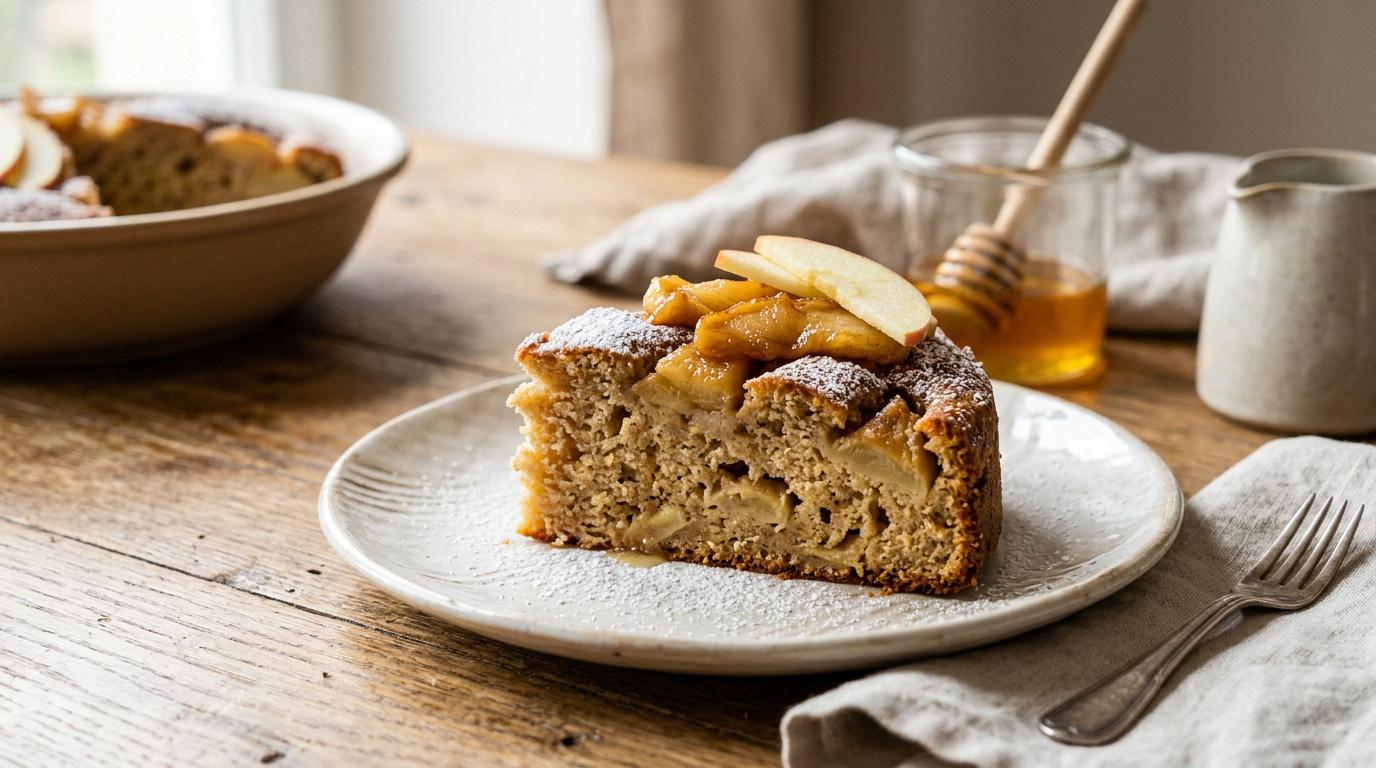 Fetta di torta di mele integrale con cannella su un piatto bianco, con mele fresche di fianco