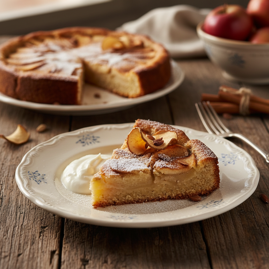 Fetta di torta di mele appena sfornata con mele a fette in evidenza su un piatto di ceramica