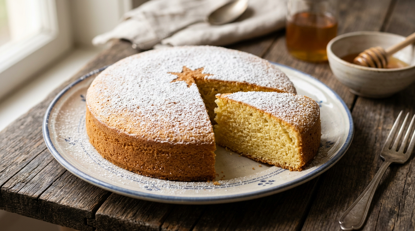 Fetta di torta soffice di kamut e mandorle su un piatto bianco, decorata con mandorle intere e una spolverata di farina di cocco.