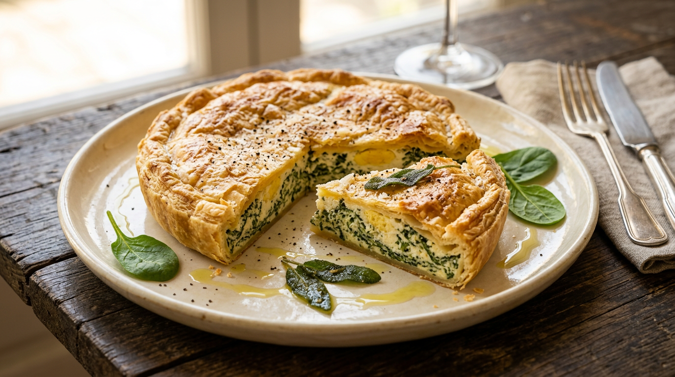 Fetta di torta rustica con ripieno verde di spinaci e ricotta vegetale, su un piatto di legno.