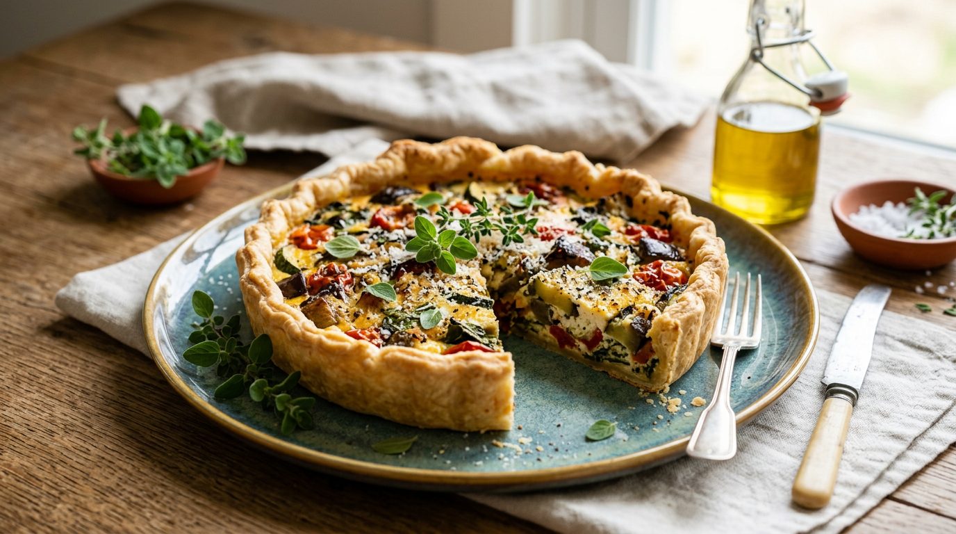 Una torta salata rotonda con un ripieno giallo cremoso e verdure miste colorate tagliate a cubetti, adagiata su un tagliere di legno con rami di rosmarino e pomodorini a lato.