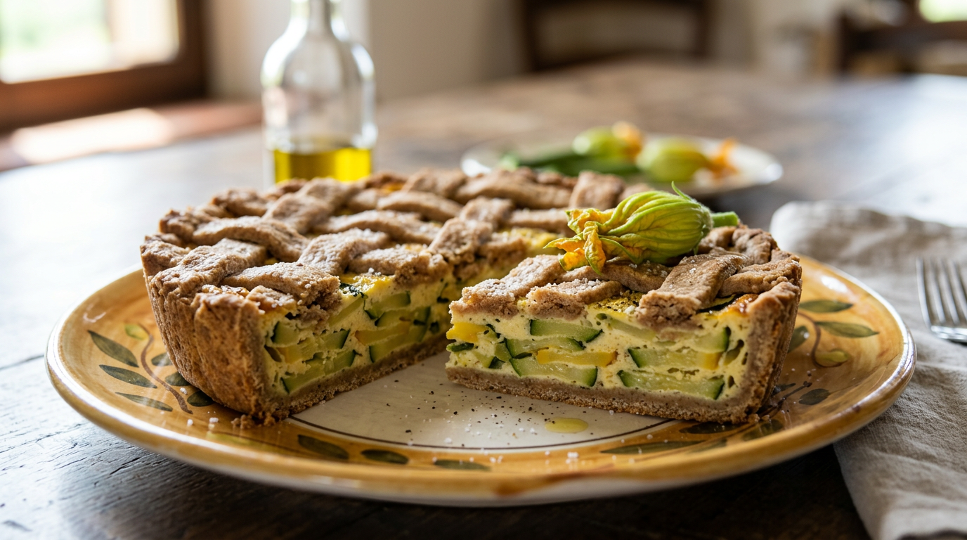 Torta salata con zucchine appena sfornata e tagliata a fette su un tagliere di legno.