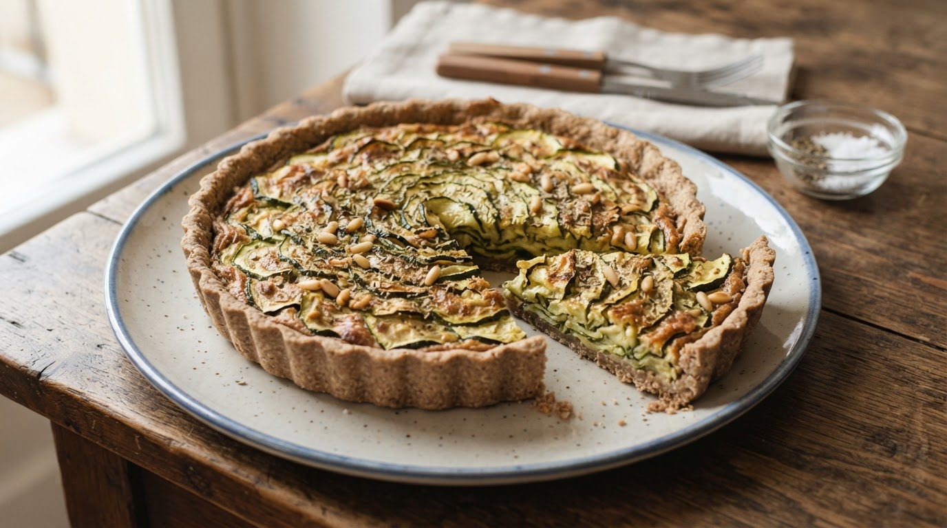 Fetta di torta salata rustica alle zucchine servita su un piatto in ceramica bianca