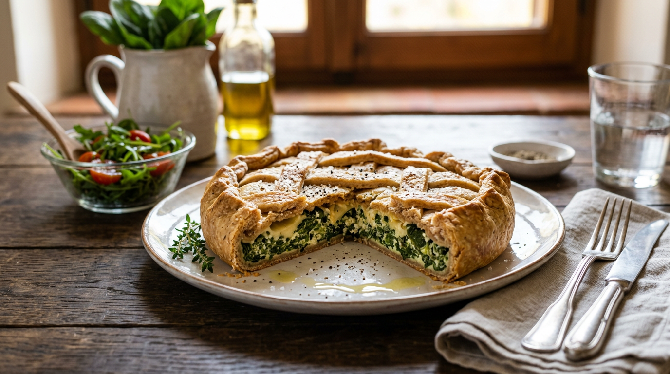 Una fetta di torta salata con ricotta di soia e spinaci su un piatto, con erbe fresche come guarnizione.