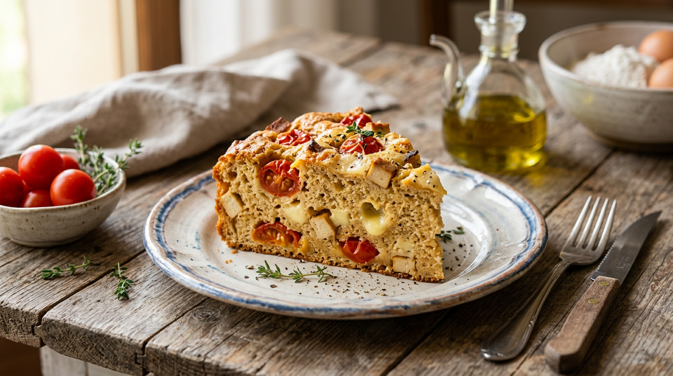 Fetta di torta salata soffice con pomodorini rossi e cubetti di tofu affumicato appoggiata su un piatto bianco, sfondo sfocato di una tortiera.
