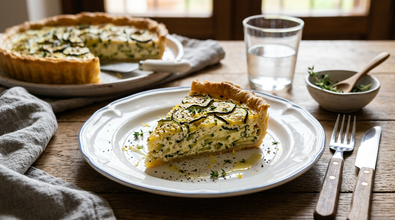 Fetta di torta salata vegana con zucchine e ricotta di tofu su un piatto bianco, con basilico fresco come guarnizione.